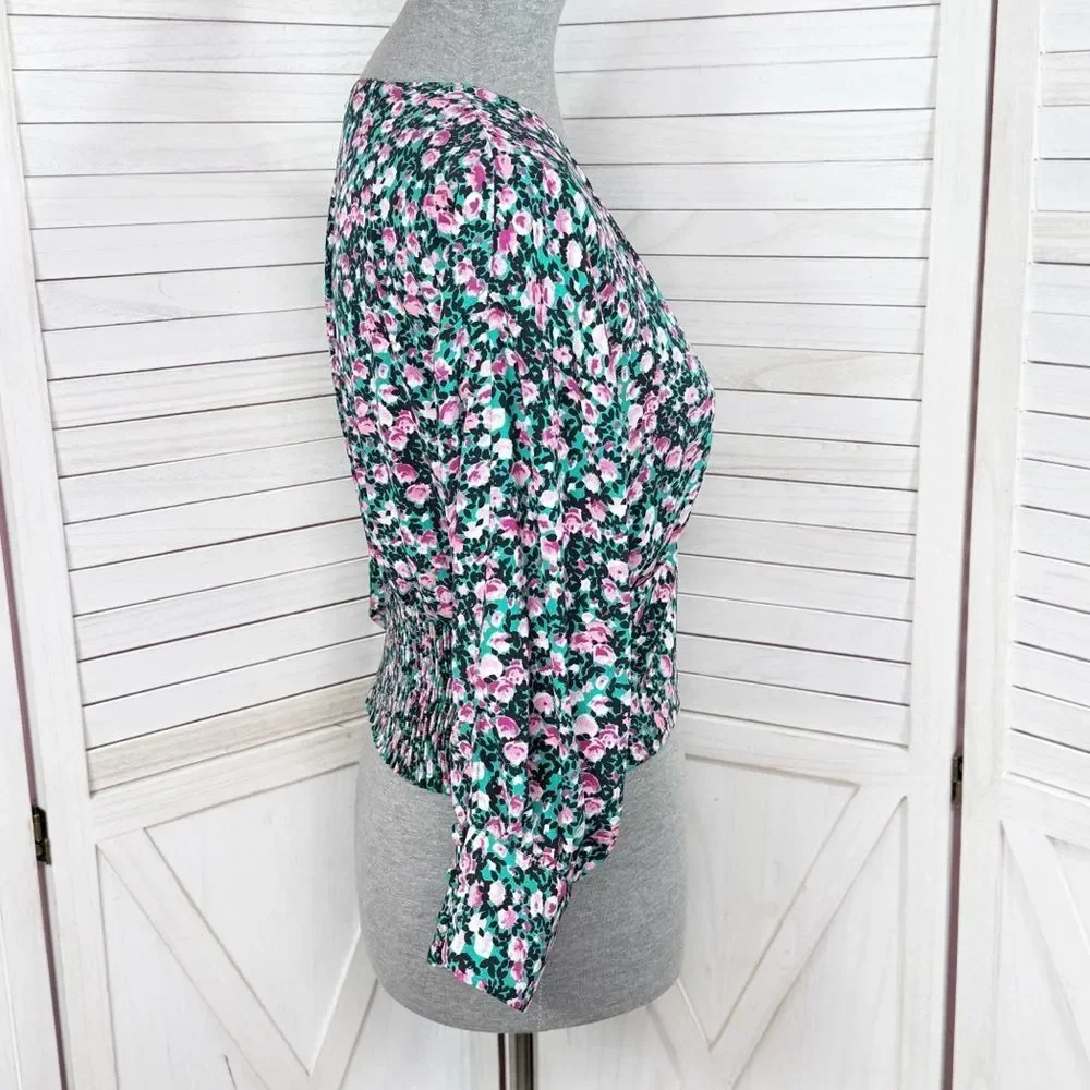 Zara Floral V-Neck Smocked Waist Crop Top Blouse Pink Green Medium‎